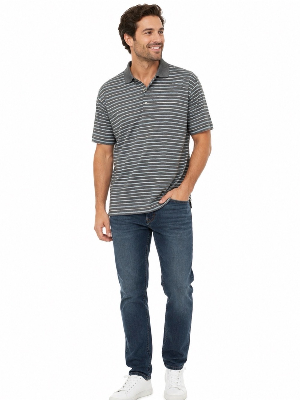 Peter Millar Men's Casual Golf Polo Shirt Black White Blue Stripes Size Medium